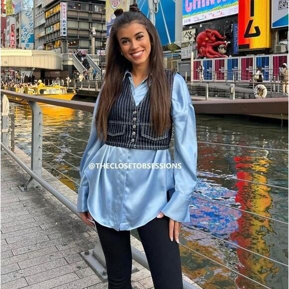 ZARA Cropped Sleeveless Vest NWT | Striped Button-Front Denim Look M - Picture 5 of 16